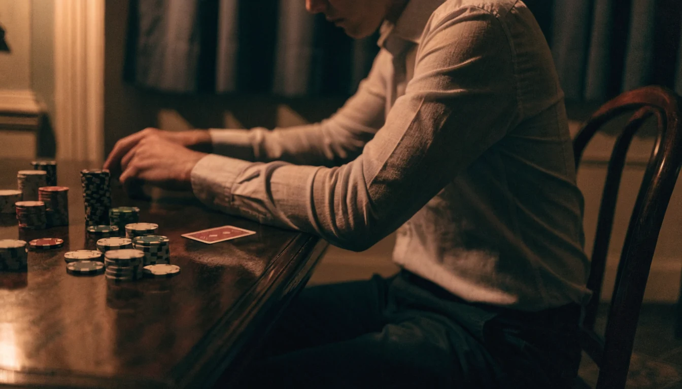 Person an einem Tisch mit Spielchips im gedämpften Licht