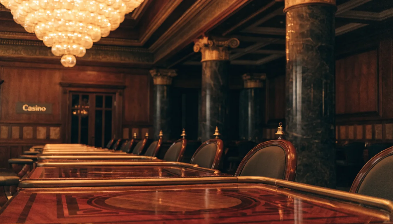 Eleganter Casinointerieur mit Kronleuchtern und Spieltischen