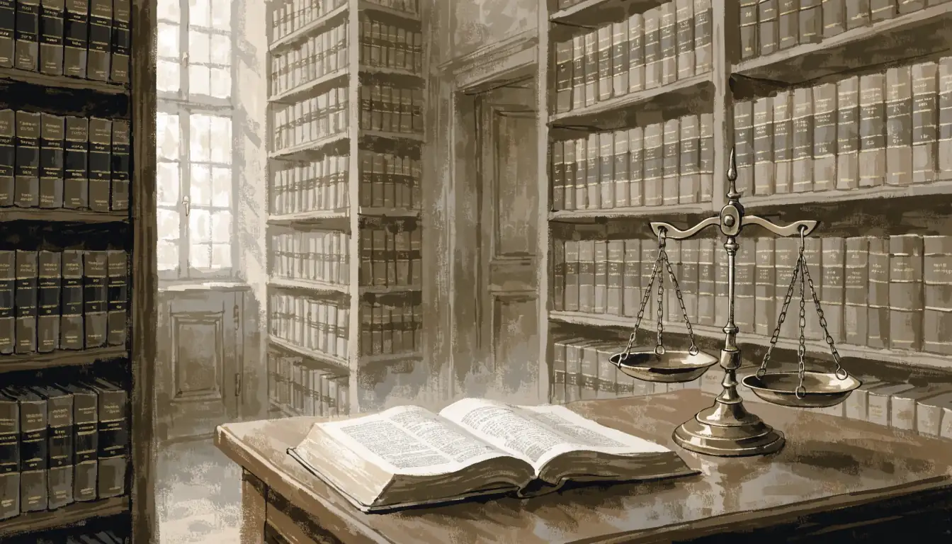 Rechtsbibliothek mit Gesetzestexten und Waage